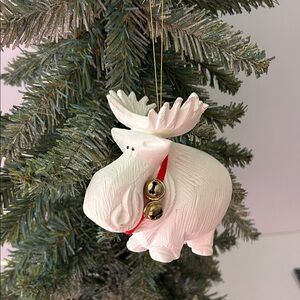 White Bisque Moose Christmas Ornament Vintage with Jingle Bells 4”